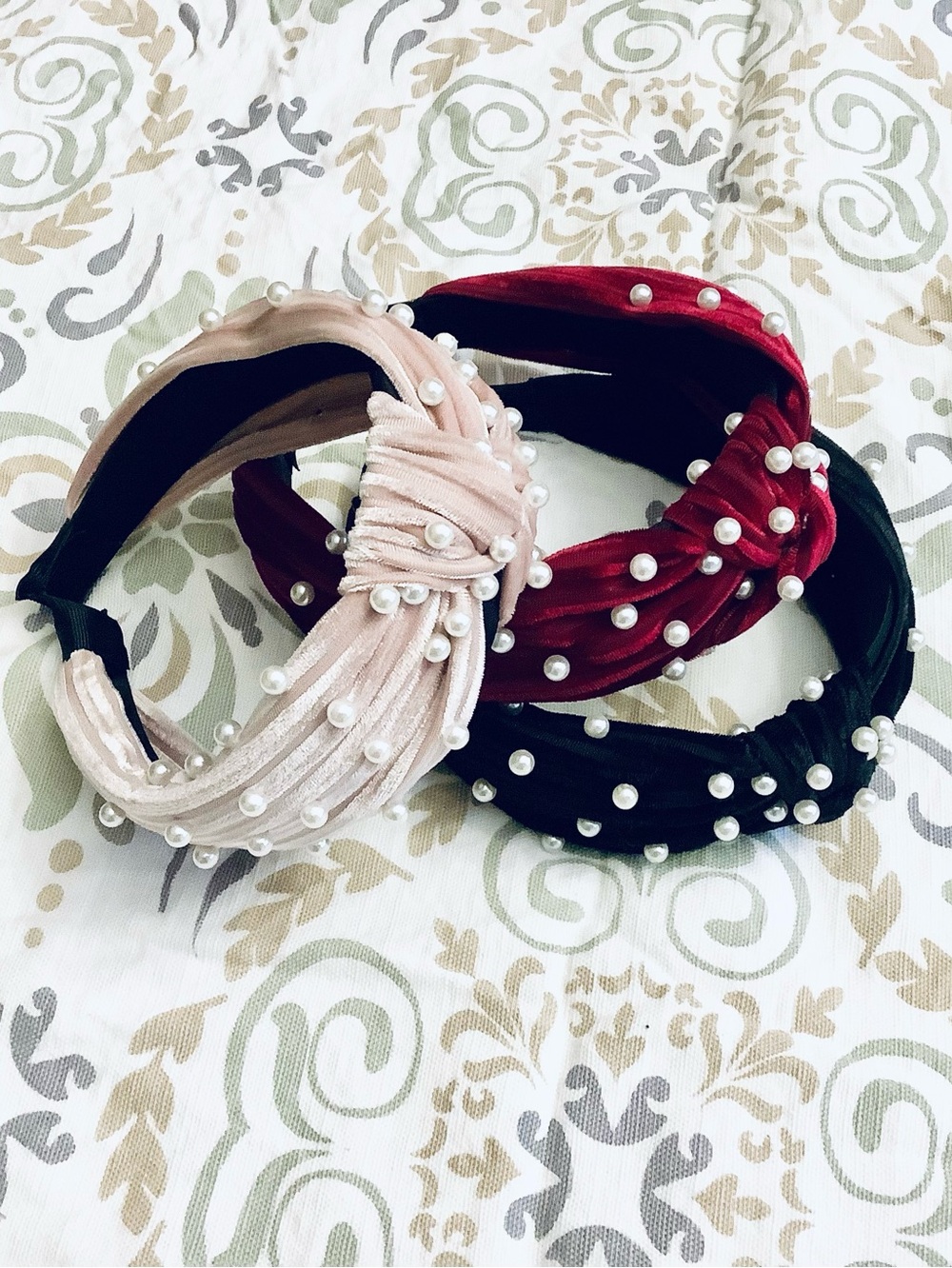 3 Pearl-Embellished Velvet Knot Headband - Blush, Wine, Black